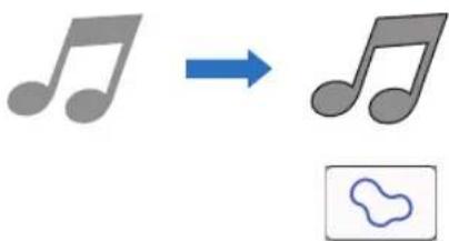 Diagram showing a musical note transforming into a simplified musical note with an abstract shape below