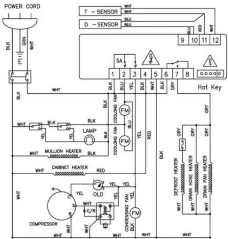 POWER CORD BLK GRN WHT T - SENSOR WHT BLU D - SENSOR BLU RED WHT 9 10 11 12 5A 1 2 3 4 5 6 7 8 BLK BLU YEL BLK BLK BLK GRY Hot Key WHT BLK BLK COOLONG FAN FM BLU LAMP BLK COOLONG FAN FM YEL RED BLK GRY WHT MULLION HEATER BLK CABINET HEATER RED WHT OLD YEL YEL COMPRESSOR S R C/R WHT WHT WHT CONDENSING FAN FM BLK WHT WHT DEFROST HEATER GRY GRY DRAIN HOSE HEATER DRAIN PAN HEATER WHT DRAIN HOSE HEATER WHT DRAIN PAN HEATER