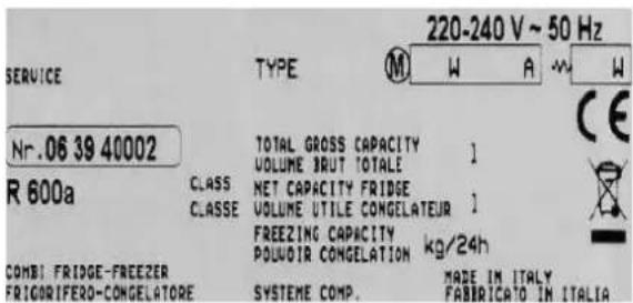 220-240 V ~ 50 Hz SERVICE TYPE M W A M W Nr.06 39 40002 R 600a CLASS CLASSE TOTAL GROSS CAPACITY VOLUME BRUT TOTALE NET CAPACITY FRIDGE VOLUME UTILE CONGELATEUR FREEZING CAPACITY POUVOIR CONGELATION kg/24h COMBI FRIDGE-FREEZEER FRIGORIFERO-CONGELATORE SYSTEME COMP. MADE IN ITALY FABRICATO IN ITALIA