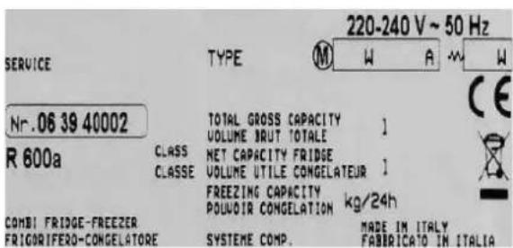 220-240 V ~ 50 Hz SERVICE TYPE M W A W Nr.06 39 40002 R 600a CLASS CLASSE TOTAL GROSS CAPACITY VOLUME BRUT TOTALE NET CAPACITY FRIDGE VOLUME UTILE CONGELATEUR FREEZING CAPACITY POUVOIR CONGELATION kg/24h COMBI FRIDGE-FREEZEER FRIGORIFERO-CONGELATORE SYSTEME COMP. MADE IM ITALY FABRICATO IN ITALIA