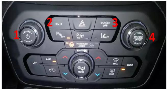 1 2 MUTE PULL OFF PON OFF PUSSENGER AIRBAG 3 SCREEN OFF TUNE BROWSE ENTER SCROLLER 4 OFF A/C MODE MAX AUTO REAR