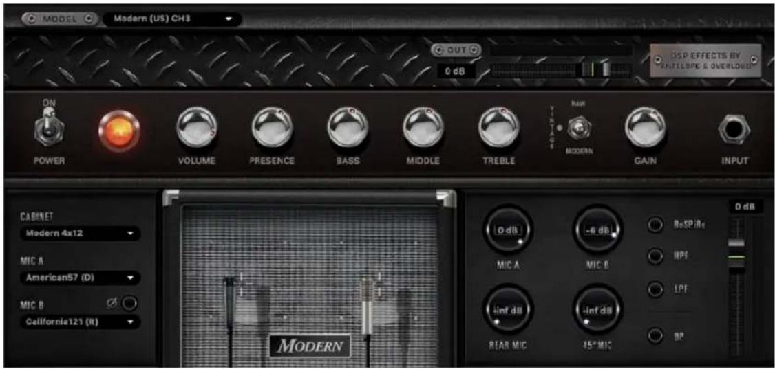 MODEL Modern (US) CH3 OUT 0 dB DSP EFFECTS BY ANTelope & OVERLOUD ON POWER VOLUME PRESENCE BASS MIDDLE TREBLE VOLTAGE RAW MODERN GAIN INPUT CABINET Modern 4x12 MIC A American57 (D) MIC B California121 (R) MODERN 0 dB -0 dB ReSPIRe MIC A MIC B HPF Inf db Inf db LPF REAB MIC 45° MIC BP D dB