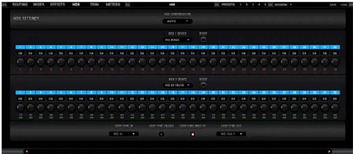 ROUTING MIXER EFFECTS HDX TRIM METERS HDX PRESETS 1 2 3 4 5 SESSION • SAVE LOAD HDX SETTINGS HDX COMPENSATION AUTO HDX 1 DEVICE BSETT HD MADI HDX 2 SEWCT BSETT HD HD 16x16 LOOP SYNC IN LOOP SYNC ENABLE LOOP SYNC MASTER LOOP SYNC OUT WC IN WC Out 1