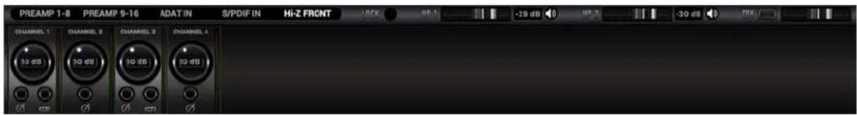 PREAMP 1-8 PREAMP 9-16 ADAT IN S/PDIF IN Hi-Z FRONT CHANNEL 1 CHANNEL 2 CHANNEL 3 CHANNEL 4 10 dB 10 dB 10 dB 10 dB -29 dB -30 dB 10K