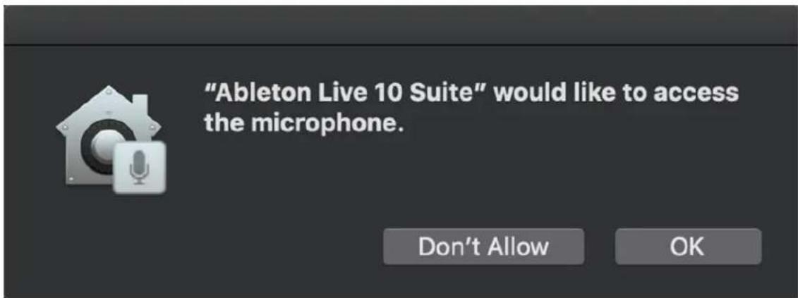 "Ableton Live 10 Suite" would like to access the microphone. Don't Allow OK