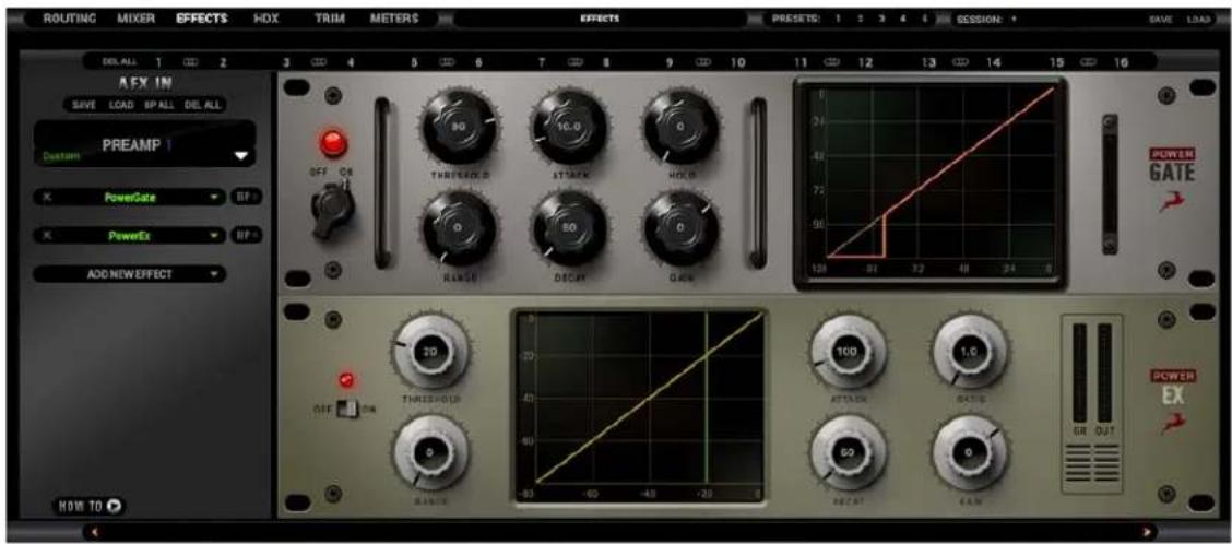 ROUTING MIXER EFFECTS HOX TRIM METERS EFFECTS PRESETS: 1 2 3 4 5 ESSION + SAVE LOAD A EX IN SAVE LOAD SP ALL DEL ALL PREAMP Custom PowerGate PowerEx ADD NEW EFFECT HOW TO OFF ON THRESHOLD RIGHT THRESHOLD ATTAIN ATTAIN RATIO 80 80 60 60 60 60 60 60 60 60 60 60 60 60 60 60 60 60 60 60 60 60 60 60 60 60 60 60 60 60 60 60 60 60 60 64 POWER GATE POWER EX