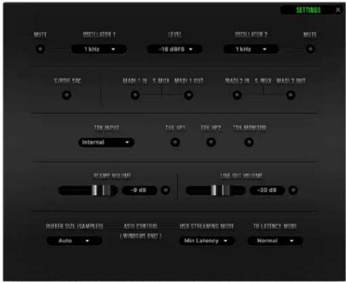 SETTINGS MUTE OSCILLATOR 1 1 kHz LEVEL -18 dBFS OSCILLATOR 2 1 kHz MUTE S/PDIE SRC MADI 1 IN S-MUX MADI 1 OUT MADI 2 IN S-MUX MADI 2 OUT TOK INPUT Internal TOK HP1 TOK HP2 TOK MONITOR REAMP VOLUME -9 dB LINE OUT VOLUME -30 dB RUFFER SIZE (SAMPLES) ASIO CONTROL (WINDOWS ONLY) USB STREAMING MODE TO LATENCY MODE Auto Min Latency Normal