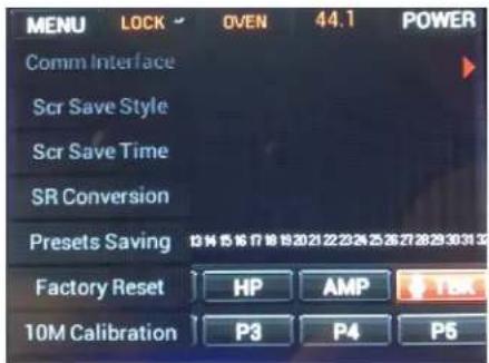 MENU LOCK OVEN 44.1 POWER Comm Interface Scr Save Style Scr Save Time SR Conversion Presets Saving 12 H 15 E 16 F 17 G 18 H 20 I 21 J 22 K 23 Z 24 L 26 M 27 N 28 R 29 S 30 T 31 U Factory Reset HP AMP P 75K 10M Calibration P3 P4 P5