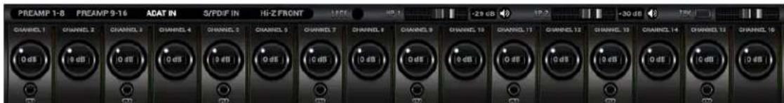 PREAMP 1-8 PREAMP 9-16 ACAT IN S/PDIF IN HI-Z FRONT CHANNEL 1 CHANNEL 2 CHANNEL 3 CHANNEL 4 CHANNEL 5 CHANNEL 6 CHANNEL 7 CHANNEL 8 CHANNEL 9 CHANNEL 10 CHANNEL 11 CHANNEL 12 CHANNEL 13 CHANNEL 14 CHANNEL 15 CHANNEL 16