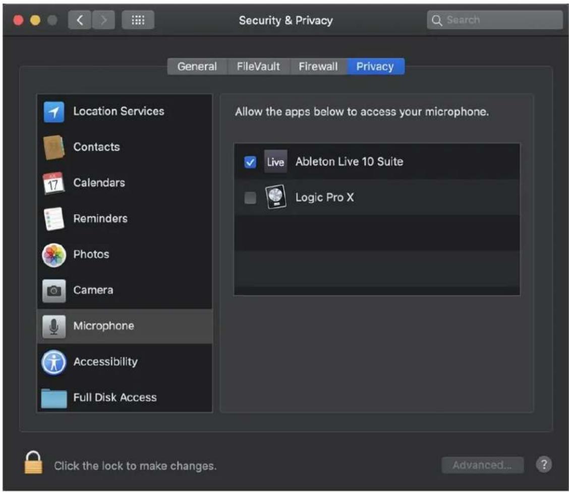 Security & Privacy General FileVault Firewall Privacy Location Services Contacts Calendars Reminders Photos Camera Microphone Accessibility Full Disk Access Allow the apps below to access your microphone. Live Ableton Live 10 Suite Logic Pro X Click the lock to make changes. Advanced... ?