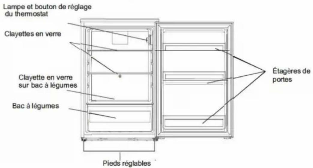 Lampe et bouton de réglage du thermostat Clayettes en verre Clayette en verre sur bac à légumes Bac à légumes Étagères de portes Pieds réglables