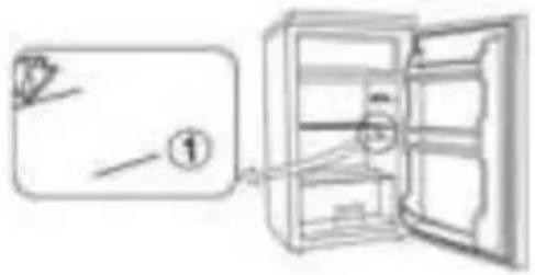 Diagram showing a refrigerator with an open door and a labeled component, likely illustrating the internal structure or labeling.