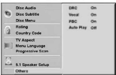 Disc Audio Disc Subtitle Disc Menu Rating Country Code TV Aspect Menu Language Progressive Scan 5.1 Speaker Setup Others DRC On Vocal On PBC On Auto Play Off