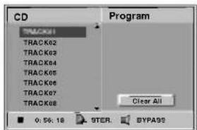 CD TRACK01 TRACK02 TRACK03 TRACK04 TRACK05 TRACK06 TRACK07 TRACK08 Program Clear All 0: 5%: 18 9TER. BYPADS