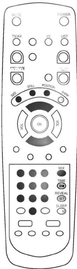 MUTE POWER TV/AV I/II LIST VOLUME SIZE STILL POSITION 0-MPIP VOL OK TOA MIX TIME REVEAL SLEEP M