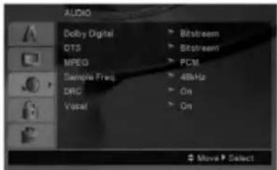 AUDIO Dolby Digital > Btstream QTS > Btstream MPEG > PCM Sample Freq > 48kHz DRC > On Voxel > On Move Select