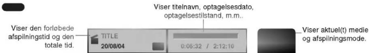 Viser den forløbede afspilningstid og den totale tid. TITLE 20/08/04 0:06:32 / 2:12:10 Viser titelnavn, optagelsesdato, optagelsestilstand, m.m.. Viser aktuel(t) medie og afspilningsmode.