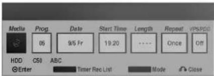 Media Prog Date Start Time Length Repeat VPS/PCD 06 9:5 Fr 19:20 ---- Once Off HDD C50 ABC Enter Timer Rec List Mode Close