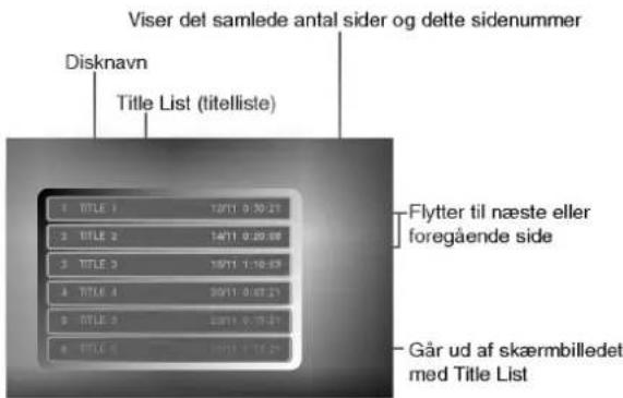 Viser del samlede antal sider og dette sidenummer Disknavn Title List (titelliste) 1 TITLE 1 12/11 0:50:21 2 TITLE 2 14/11 0:20:08 3 TITLE 3 16/11 1:10:59 4 TITLE 4 20/11 0:07:21 5 TITLE 5 22/11 0:75:21 6 TITLE 6 24/11 1:12:29 Flytter til næste eller foregående side Går ud af skæmbilledet med Title List