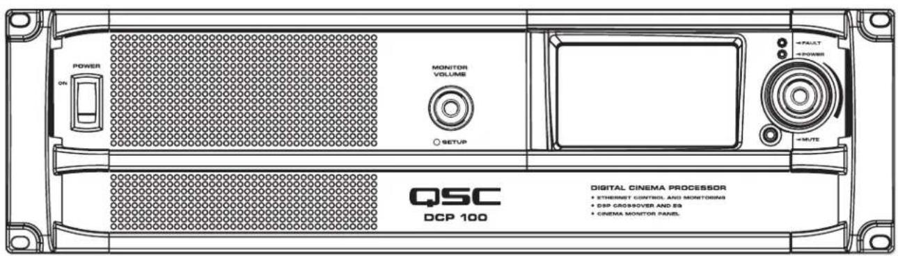 POWER ON MONITOR VOLUME SETUP QSC DCP 100 DIGITAL CINEMA PROCESSOR • ETHERMST CONTROL AND MONITORS • DSP CROSSOVER AND B9 • CINEMA MONITOR PANEL