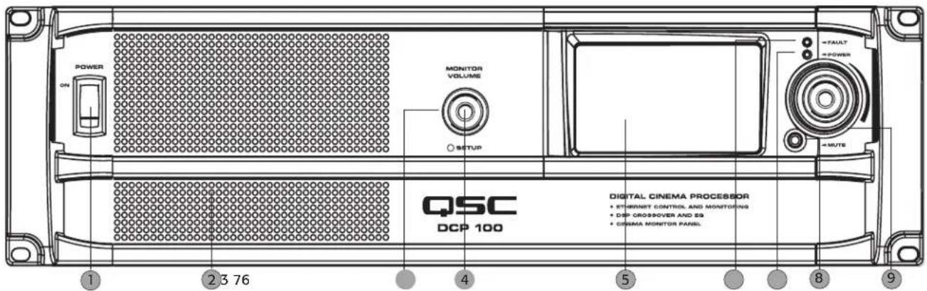 POWER ON MONITOR VOLUME SETUP QSC DCP 100 DIGITAL CINEMA PROCESSOR • ETERNAL CONTROL AND MONITORING • DP CROSSOVER AND 2A • CINEMA MONITOR PANEL 1 2 3 76 4 5 8 9