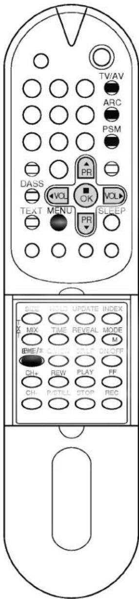 TV/AV ARC PSM DASS VOL OK VOL TEXT MENU SLEEP SIZE UPDATE INDEX T MIX TIME REVEAL MODE BME/2 C/100 STLE ON/OFF CH+ REW PLAY FF CH- P/STILL STOP REC