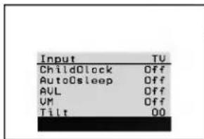 Input TV ChildClock Off AutoOsleep Off AVL Off VM Off Tilt 00