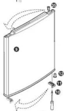 Technical diagram of a door frame with numbered components and directional arrows indicating motion or assembly.
