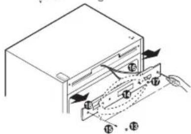 Diagram of a computer tower drive with numbered components and directional arrows indicating movement or assembly.