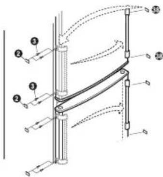 Technical diagram of a mechanical linkage system with numbered components and motion arrows indicating movement paths.