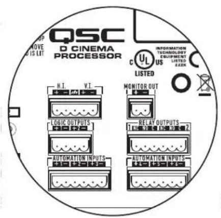 QSC D CINEMA PROCESSOR N.I. V.I. LOGIC OUTPUTS AUTOMATION INPUTS MONITOR OUT RELAY OUTPUTS AUTOMATION INPUTS LISTED US INFORMATION TECHNOLOGY EQUIPMENT LISTED SEER