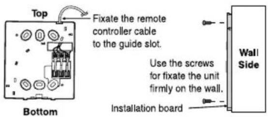 Top Fixate the remote controller cable to the guide slot. Use the screws for fixate the unit firmly on the wall. Installation board Wall Side Bottom