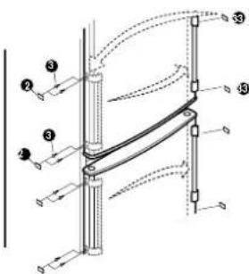 Technical diagram of a mechanical linkage or lever system with numbered components and directional arrows indicating motion.
