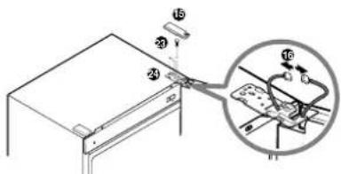Technical diagram showing a mechanical assembly with numbered components and an inset magnified view of a device with labeled parts.