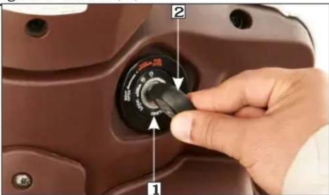Close-up of a hand holding a rotary switch with labeled parts, showing numbered callouts (1 and 2) pointing to the dial.