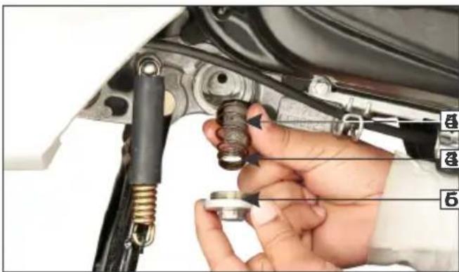 Close-up of a hand adjusting a mechanical component with numbered parts labeled 4, 5, and 6.