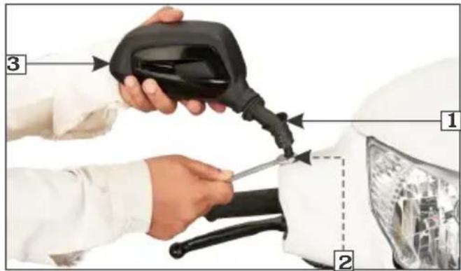 Instructional image showing a hand using a power tool to cut a car's head panel, with numbered annotations pointing to the components.