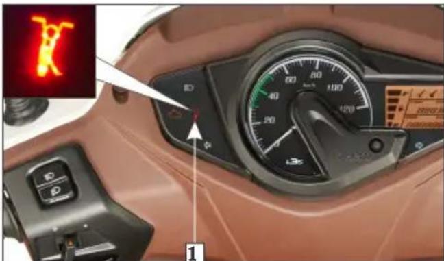 Close-up of a motorcycle dashboard with a red LED indicator and control panel, showing a speedometer and navigation controls.