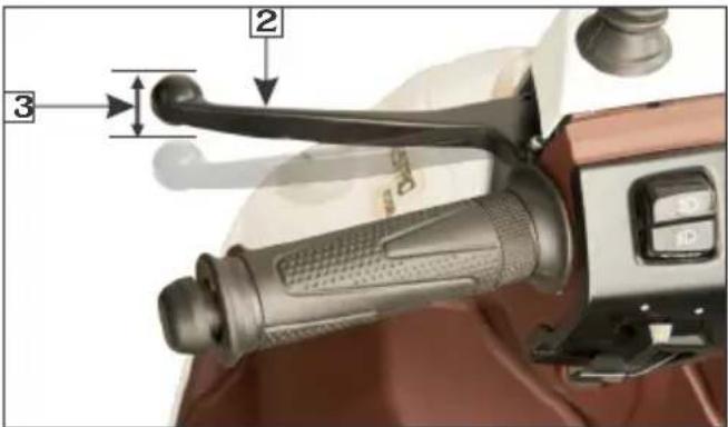 Diagram of a motorcycle brake lever with labeled parts and directional arrows indicating motion or positioning.