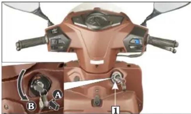 Technical diagram of a scooter's front and side views with labeled parts A and B, showing handle controls and control buttons.