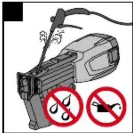 Safety warning illustration showing a welding torch and two prohibition symbols for fire damage
