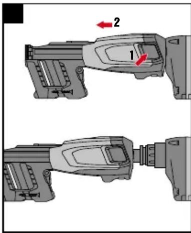 Technical diagram showing two mechanical components with labeled parts and directional arrows indicating movement or assembly.