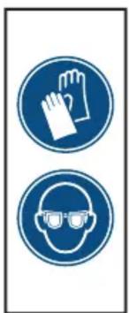 Two blue circular safety symbols: one with gloves and one with a person wearing glasses.