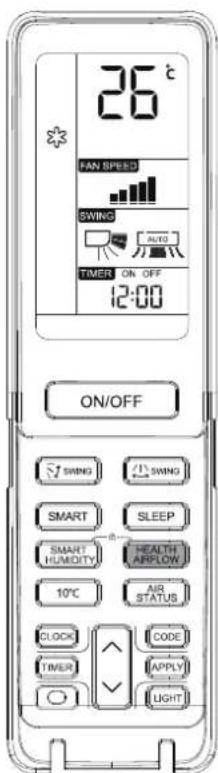 26°C FAN SPEED SWING AUTO TIMER ON OFF 12:00 ON/OFF SWING SWING SMART SLEEP SMART HUMIDITY HEALTH APPLLOW 10°C AIR STATUS CLOCK CODE TIMER APPLY LIGHT