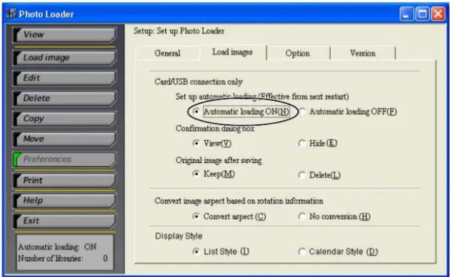 CASIO Photo Loader - 選擇 “Set up automatic loading” 中的 “Automatic loading ON(N)”。 - 1