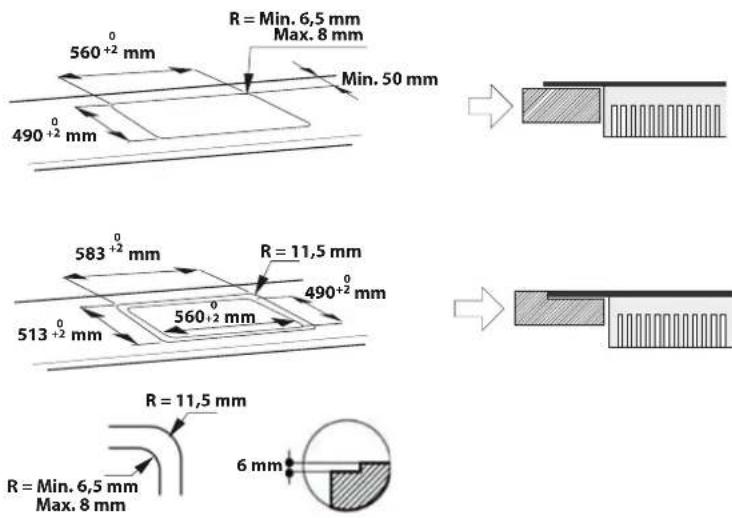 560⁺² mm R = Min. 6,5 mm Max. 8 mm 490⁺² mm Min. 50 mm 583⁺² mm R = 11,5 mm 513⁺² mm 560⁺² mm 490⁺² mm R = 11,5 mm R = Min. 6,5 mm Max. 8 mm 6 mm