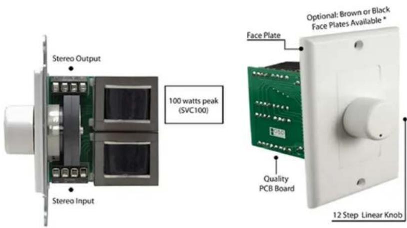 Stereo Output Stereo Input 100 watts peak (SVC100) Face Plate Optional: Brown or Black Face Plates Available * Quality PCB Board 12 Step Linear Knob