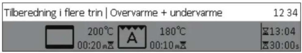 Tilberedning i flere trin | Overvarme + undervarme 12 34 200°C 180°C 13:04 00:20 mZ 00:10 mZ 30:00s
