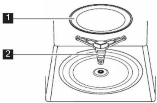Technical diagram showing a mechanical device with labeled parts 1 and 2, likely illustrating a tool or assembly.