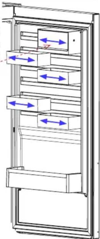 Technical diagram of a refrigerator with labeled directional arrows indicating movement or force directions.